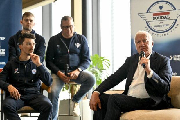 Soudal Quick-Step CEO Patrick Lefevere (R) and French cyclist Julian Alaphilippe during the team