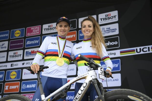 Pidcock and Ferrand-Prévot after winning their world titles in Scotland