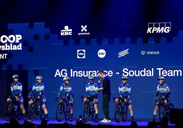 GHENT, BELGIUM - FEBRUARY 24: A general view of Kim Le Court-Pienaar of Mauritius, Julia Borgstrom of Sweden, Marthe Goossens of Belgium, Anya Louw of Australia, Maud Rijnbeek of The Netherlands, Ilse Pluimers of The Netherlands and AG Insurance-Soudal Team prior to the 16th Omloop Het Nieuwsblad 2024, Women