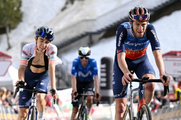 Chris Harper (Jayco-AlUla - right) finishes stage 3 of the Volta a Catalunya on the Port Ainé