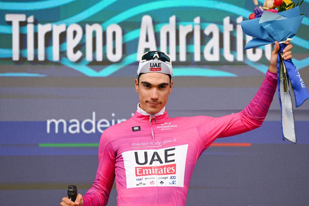 Juan Ayuso on the podium after stage 1 of Tirreno-Adriatico