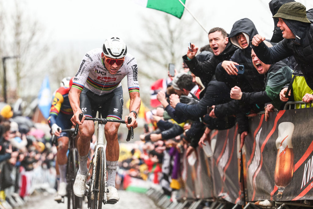 Le Néerlandais Mathieu van der Poel d'Alpecin-Deceuninck participe à l'Oude Kwaremont lors de la course masculine de la « Ronde van Vlaanderen » (Tour des Flandres), course cycliste d'une journée, 270,8 km d'Anvers à Audenarde, le 31 mars 2024. (Photo de DAVID PINTENS / Belga / AFP) / Belgique OUT