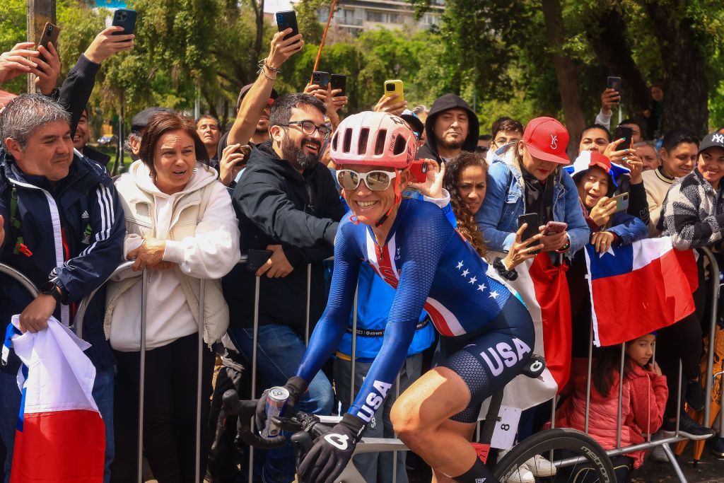 SANTIAGO CHILE OCTOBER 29 Lauren Stephens of Team United States celebrates after winning gold in the Womens cycling road race final at the streets of Santiago on Day 9 of Santiago 2023 Pan Am Games on October 29 2023 in Santiago Chile Photo by Buda MendesGetty Images