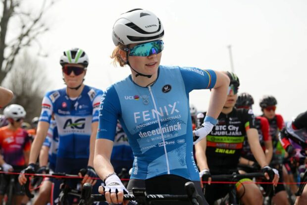 MACCAGNO CON PINO E VEDDASCA ITALY MARCH 17 Puck Pieterse of The Netherlands and Team FenixDeceuninck UCI Womens WorldTour young blue jersey prior to the 25th Trofeo Alfredo BindaComune di Cittiglio 2024 Womens Elite a 1405km one day race from Maccagno con Pino e Veddasca to Cittiglio UCIWWT on March 17 2024 in Maccagno con Pino e Veddasca Italy Photo by Dario BelingheriGetty Images