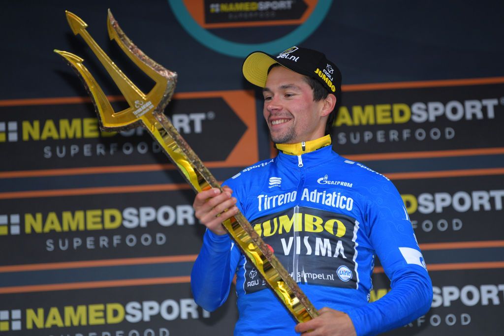 SAN BENEDETTO DEL TRONTO ITALY MARCH 19 Podium Primoz Roglic of Slovenia and Team Jumbo Visma Blue Leader Jersey Celebration Trident Trophy during the 54th TirrenoAdriatico 2019 Stage 7 a 1005km Individual Time Trial stage from San Benedetto del Tronto to San Benedetto del Tronto ITT TirrenoAdriatico on March 19 2019 in San Benedetto del Tronto Italy Photo by Tim de WaeleGetty Images