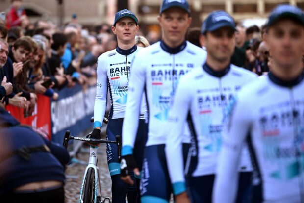 Matej Mohoric and teammates at the team presentation for Milan-San Remo