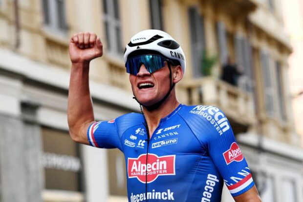 SANREMO ITALY MARCH 18 Mathieu Van Der Poel of The Netherlands and Team AlpecinDeceuninck celebrates at finish line as race winner during the 114th MilanoSanremo 2023 a 294km one day race from Abbiategrasso to Sanremo MilanoSanremo UCIWT on March 18 2023 in Sanremo Italy Photo by Tim de WaeleGetty Images