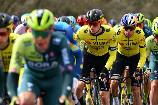 WAREGEM BELGIUM MARCH 27 Wout van Aert of Belgium and Team Visma Lease a Bike competes during the 78th Dwars Door Vlaanderen 2024 Mens Elite a 1886km one day race from Roeselare to Waregem UCIWT on March 27 2024 in Waregem Belgium Photo by Tim de WaeleGetty Images