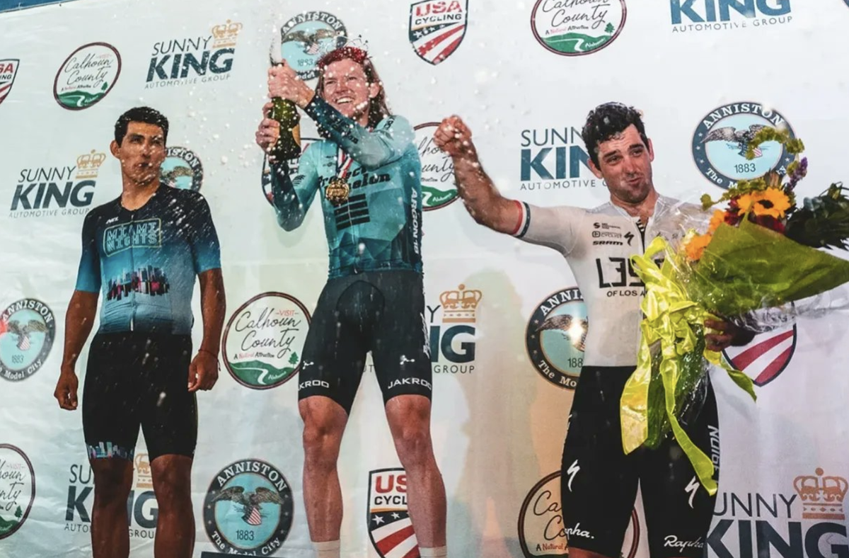 Cade Bickmore of Project Echelon Racing celebrates victory at 2023 Sunny King Criterium