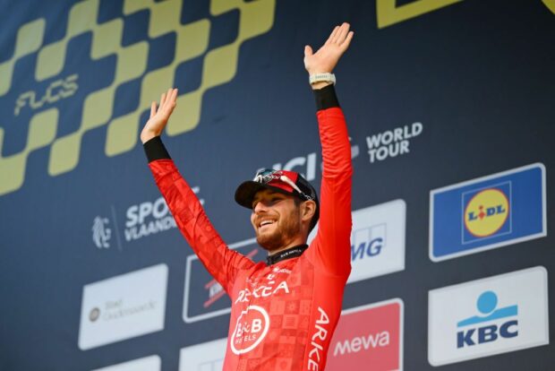 OUDENAARDE BELGIUM MARCH 31 Luca Mozzato of Italy and Team Arkea BB Hotels on second place poses on the podium ceremony after the the 108th Ronde van Vlaanderen Tour des Flandres 2024 Mens Elite a 2708km one day race from Antwerpen to Oudenaarde UCIWT on March 31 2024 in Oudenaarde Belgium Photo by Dario BelingheriGetty Images