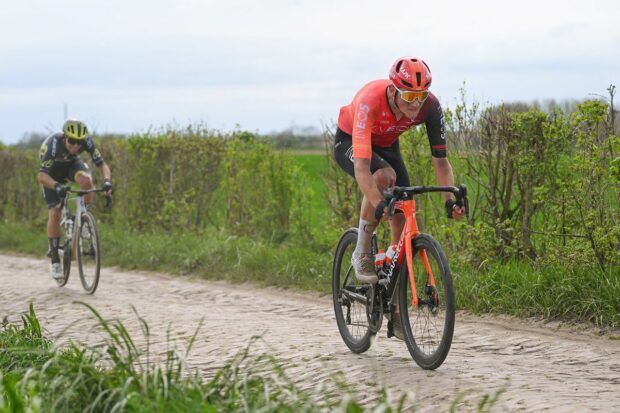 Josh Tarling (Ineos Grenadiers) rides an early cobbled sector before getting disqualified from the 2024 Paris-Roubaix