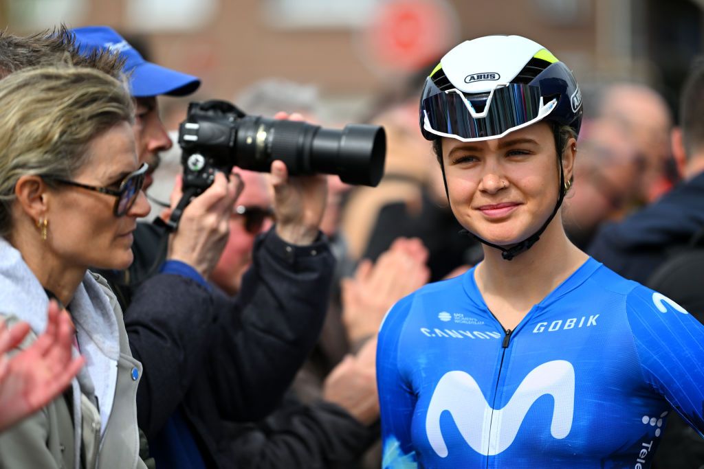DENAIN FRANCE APRIL 06 Emma Norsgaard of Denmark and Movistar Team prior to the 4th ParisRoubaix Femmes 2024 a 1485km one day race from Denain to Roubaix on UCIWWT April 06 2024 in Denain France Photo by Luc ClaessenGetty Images