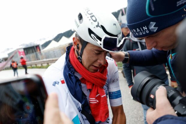 PASSO BROCON ITALY MAY 22 Antonio Tiberi of Italy and Team Bahrain Victorious White best young jersey during the 107th Giro dItalia 2024 Stage 17 a 159km stage from Selva di Val Gardena to Passo Brocon 1604m UCIWT on May 22 2024 in Passo Brocon Italy Photo by Ilario Biondi PoolGetty Images