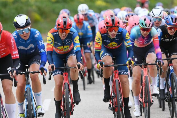 Lidl-Trek teammates Lucinda Brand and Elisa Balsamo riding together among the peloton earlier in stage 1 of Vuelta a Burgos Féminas, which ended with a crash for Balsamo