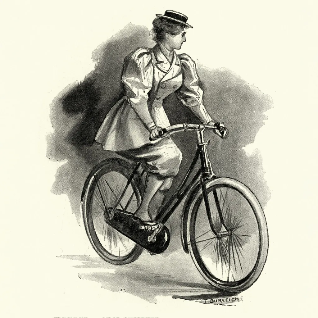 Gravure d'époque de la mode féminine victorienne, années 1890, robe pour faire du vélo