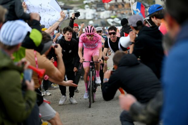 Tadej Pogacar in a solo breakaway climbing the Mottolino on stage 15 at the Giro d