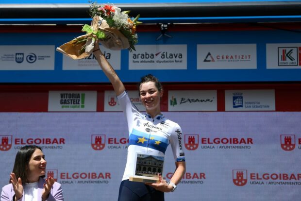 ELGOIBAR SPAIN MAY 10 Mischa Bredewold of The Netherlands and Team SD Worx Protime celebrates at podium as stage winner during the 3rd Itzulia Women 2024 Stage 1 a 140km stage from VitoriaGasteiz to Elgoibar UCIWWT on May 10 2024 in Elgoibar Spain Photo by Alex BroadwayGetty Images