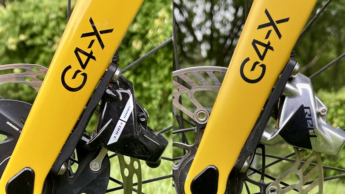 A pair of images combined, showing the G4X logo on the fork leg and different brake calipers of the two bikes