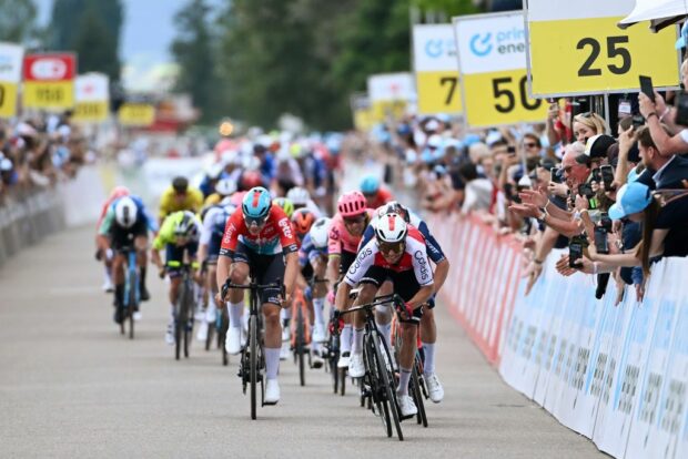 REGENSDORF SWITZERLAND JUNE 10 Bryan Coquard of France and Team Cofidis sprints at finish line to win the stage during the 87th Tour de Suisse 2024 Stage 2 a 1773km stage from Vaduz to Regensdorf UCIWT on June 10 2024 in Regensdorf Switzerland Photo by Tim de WaeleGetty Images