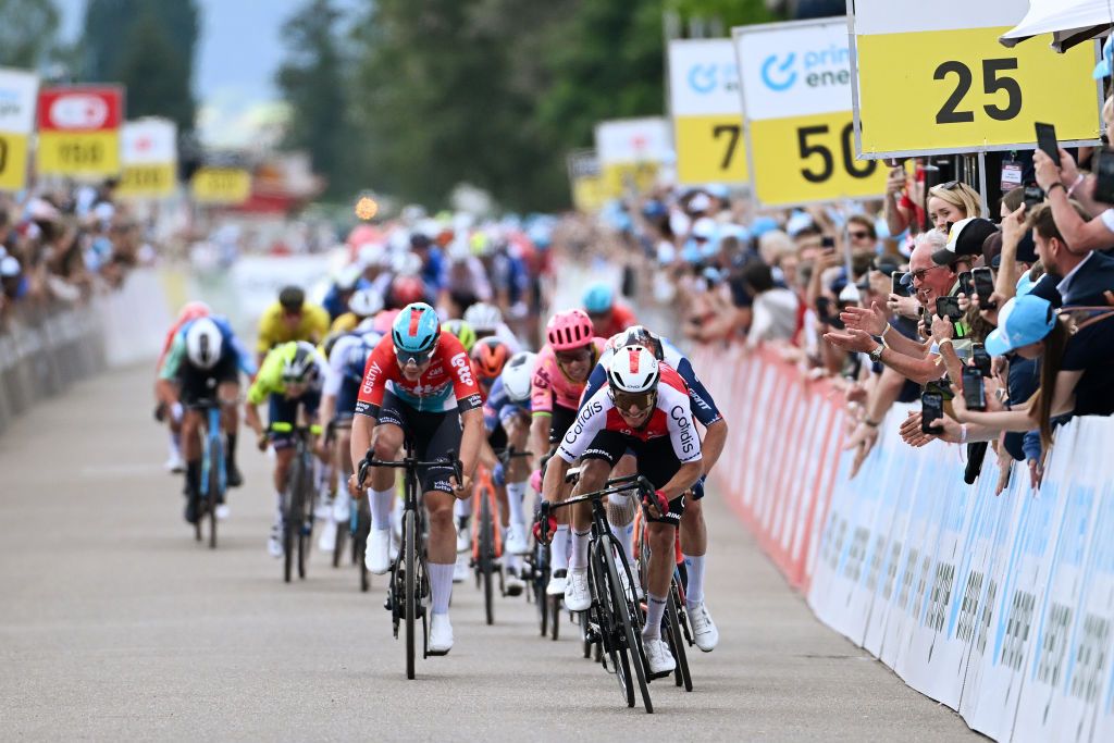 REGENSDORF SWITZERLAND JUNE 10 Bryan Coquard of France and Team Cofidis sprints at finish line to win the stage during the 87th Tour de Suisse 2024 Stage 2 a 1773km stage from Vaduz to Regensdorf UCIWT on June 10 2024 in Regensdorf Switzerland Photo by Tim de WaeleGetty Images