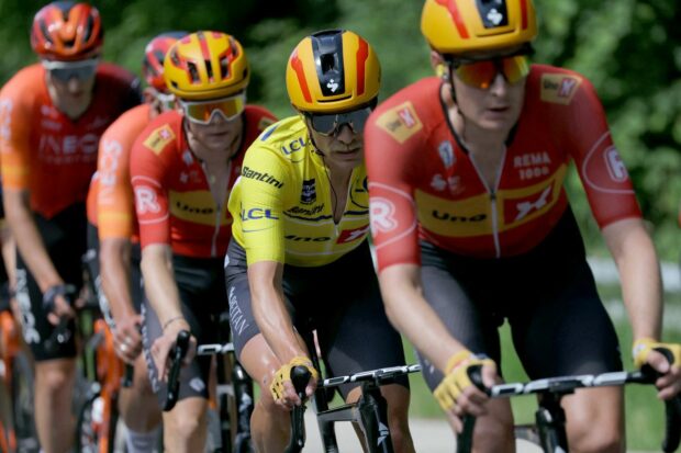 Magnus Cort (Uno-X Mobility) in the yellow jersey at the Critérium du Dauphiné