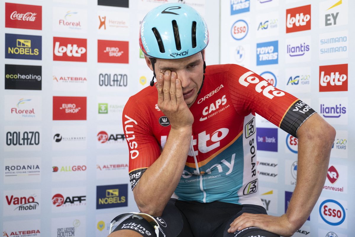 An emotional De Lie after winning the Belgian national championships road race