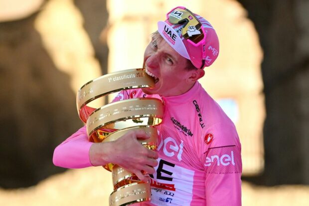 Tadej Pogačar celebrates winning the 2024 Giro d