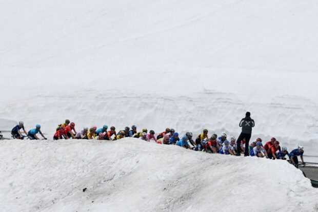 A general view of the peloton climbing to the snowy Campo Imperatore the Giro dItalia 2023 Stage 7