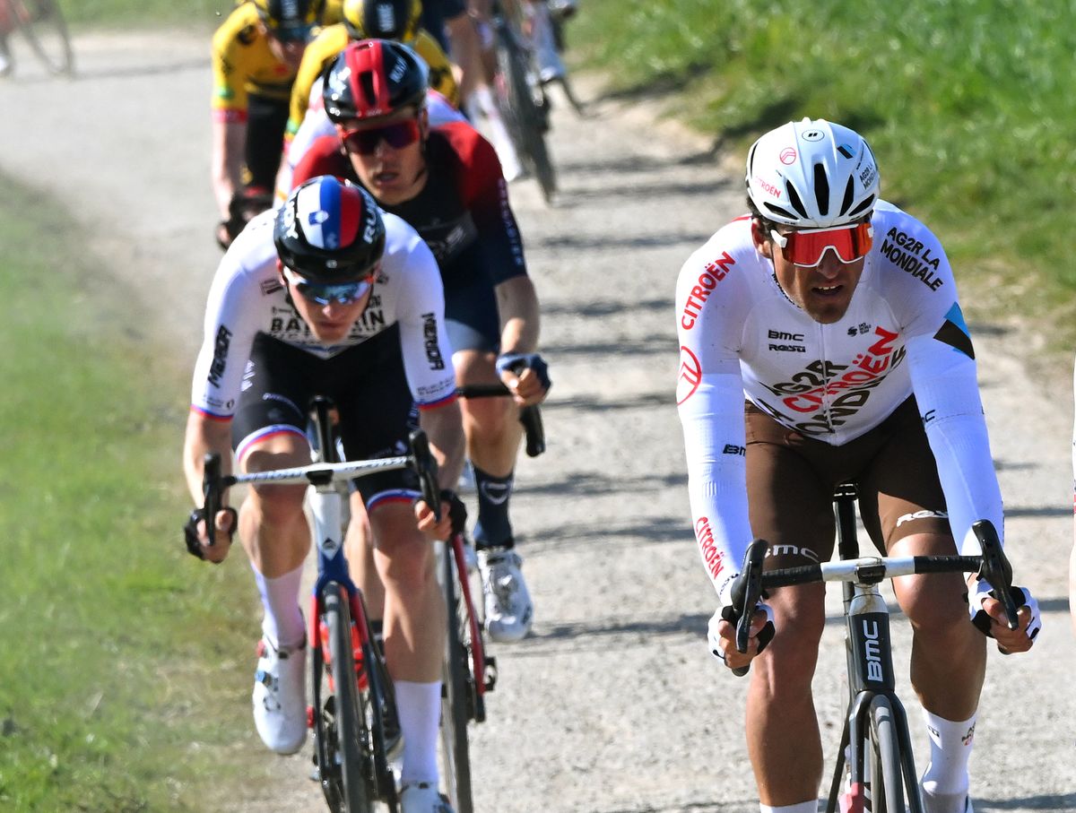 Greg Van Avermaet races against Matej Mohorič in the 2022 edition of Gent-Wevelgem