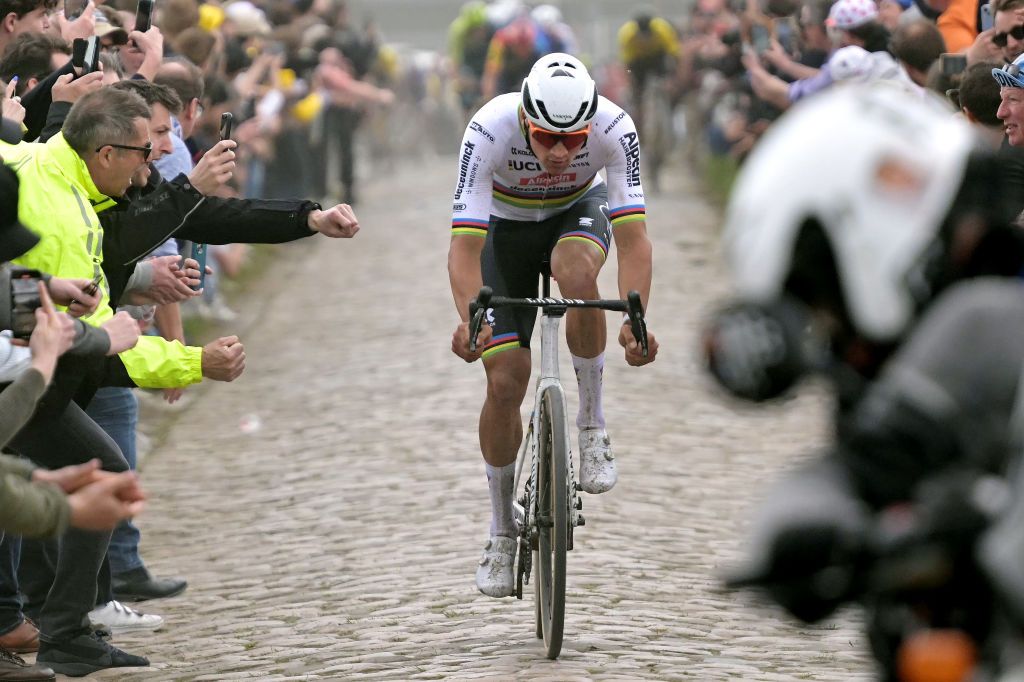 Mathieu van der Poel on the attack on the Merignies-Avelin cobblestones sector where a spectator threw a hat toward his wheels