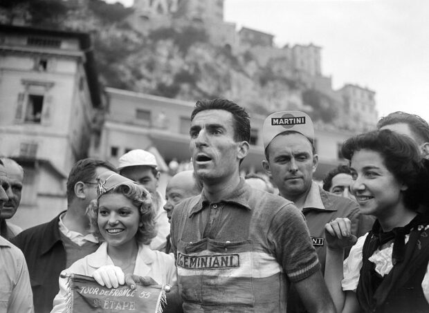 French Raphael Geminiani wins the 9th stage of the Tour de France 1955 between BrianonMonaco on July 15 1955 Photo credit should read AFP via Getty Images