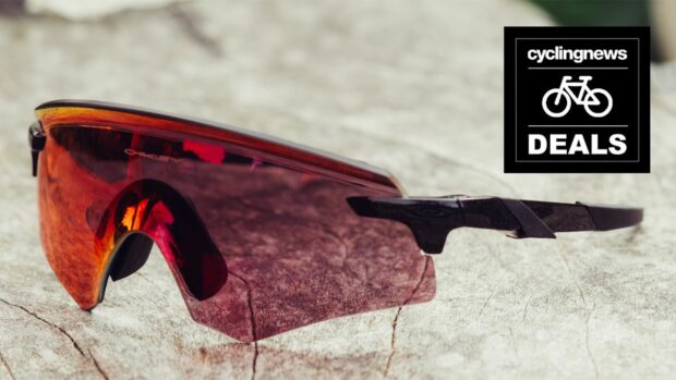 A pair of Oakley Encoder sunglasses overlaid with a