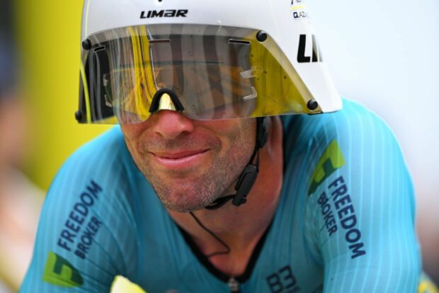 NICE FRANCE JULY 21 Mark Cavendish of The United Kingdom and Astana Qazaqstan Team crosses the finish line during the 111th Tour de France 2024 Stage 21 a 337km individual time trial from Monaco to Nice UCIWT on July 21 2024 in Nice France Photo by Tim de WaeleGetty Images