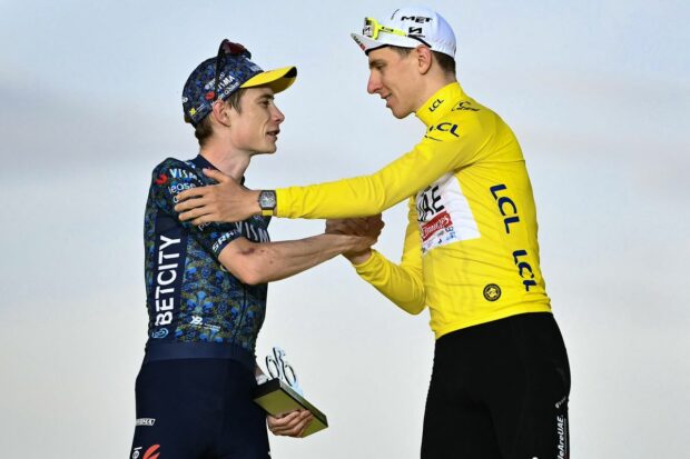 Jonas Vingegaard (Visma-Lease a Bike) and Tadej Pogačar (UAE Team Emirates) on the finale 2024 Tour de France podium