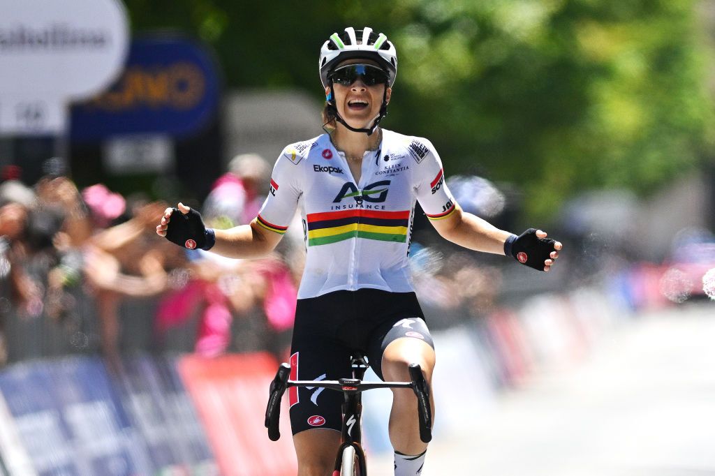 Kimberley Le Court of Mauritius and AG Insurance-Soudal Team celebrates at finish line as stage 8 winner at the 2024 Giro d