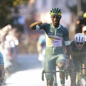 Biniam Girmay, shown here winning a post-Tour de France criterium in Herentals, will be an Eritrean flag bearer for the Paris Olympic Games
