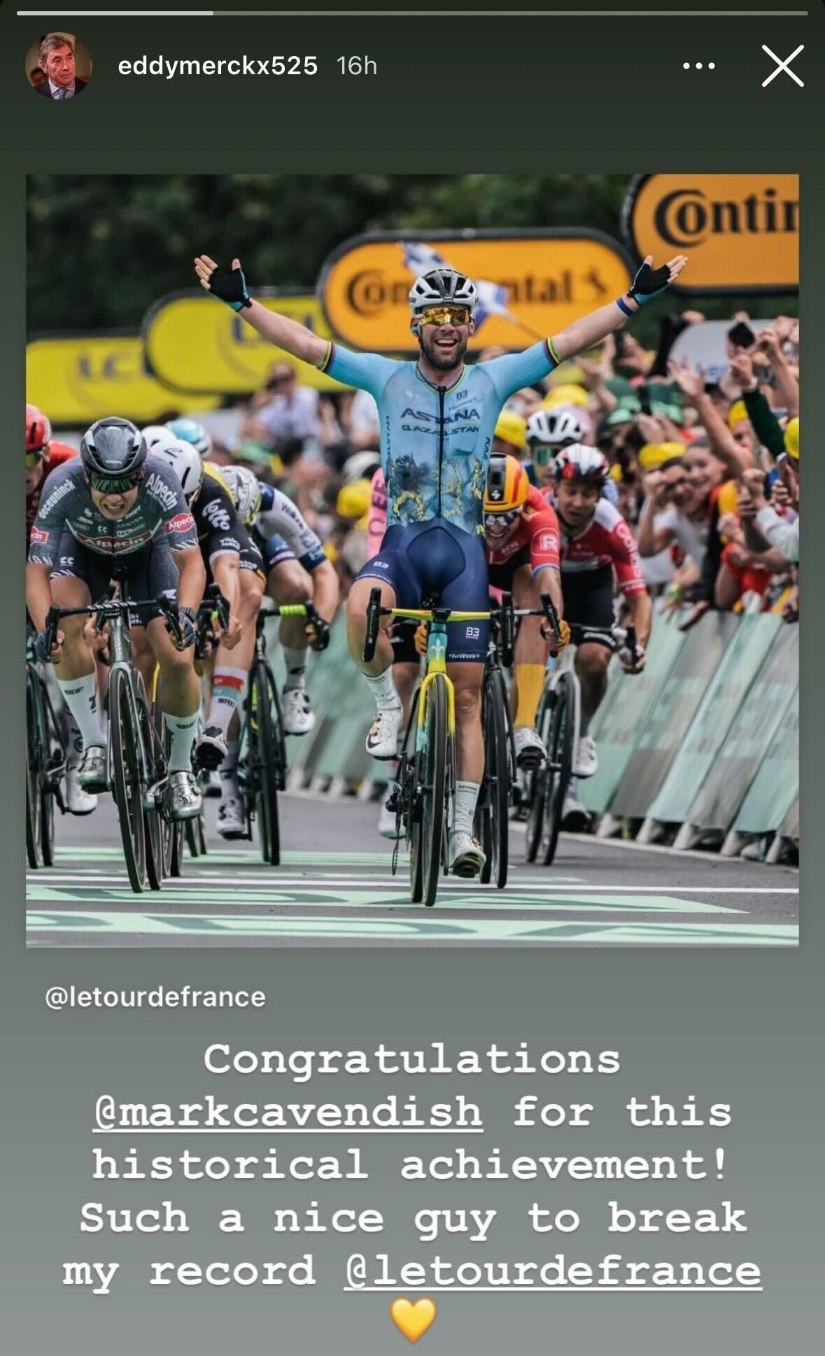 Eddy Merckx félicite Mark Cavendish sur Instagram