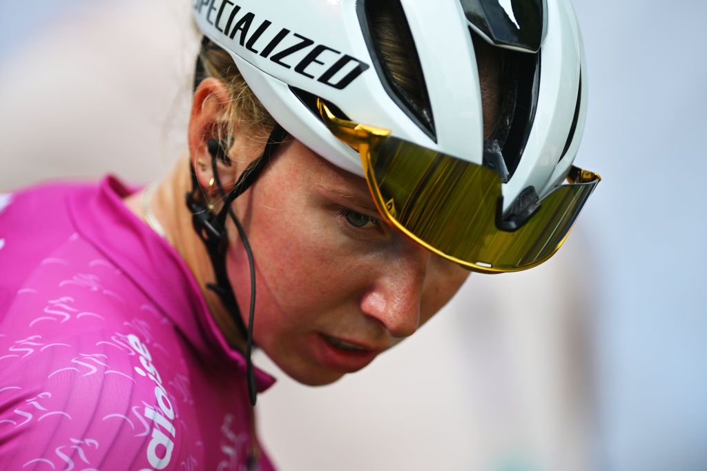 ZULTE BELGIUM JULY 19 Lorena Wiebes of The Netherlands and Team SD Worx Protime Purple Leader Jersey reacts after the 10th Baloise Ladies Tour 2024 Stage 2 a 1268km stage from Zulte to Zulte on July 19 2024 in Zulte Belgium Photo by Luc ClaessenGetty Images