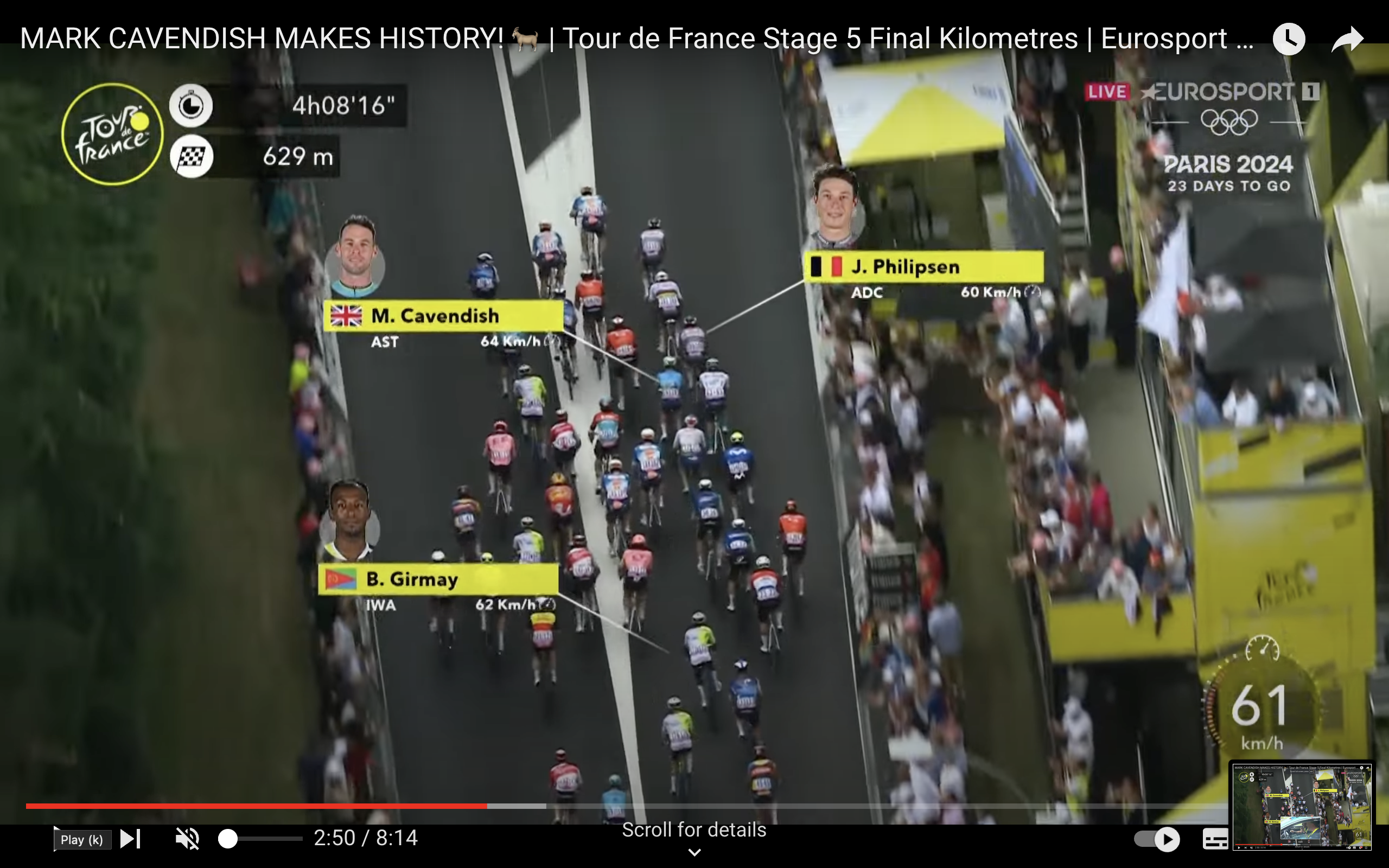 Captures d'écran du dernier kilomètre de l'étape 5 lorsque Mark Cavendish a remporté sa 35e victoire d'étape du Tour de France, un record