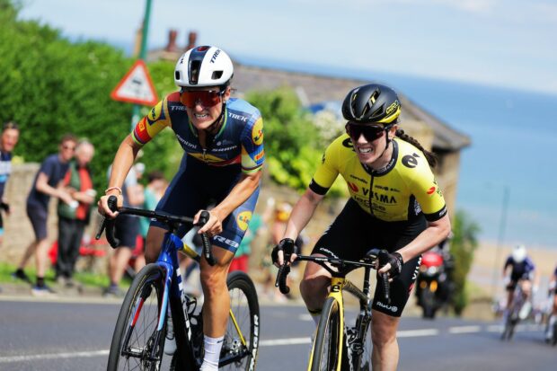 Picture by Alex Whitehead/SWpix.com - 23/06/2024 - British Cycling - 2024 Lloyds Bank National Road Championships - Womenâs Road Race - Saltburn-by-the-Sea, North Yorkshire, England - Elizabeth Deignan of Lidl-TREK and Anna Henderson of TEAM VISMA - LEASE A BIKE battle it out for second and third on the Saltburn Climb