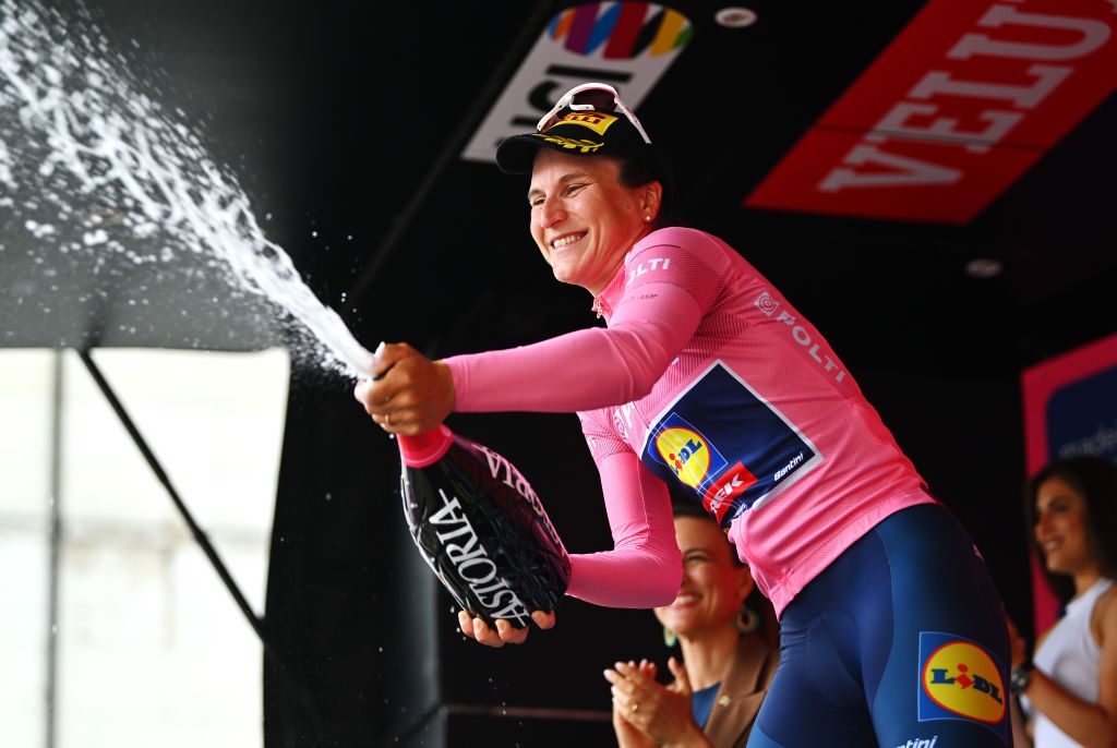 Elisa Longo Borghini wears the maglia rosa after winning the stage 1 time trial at the Giro d