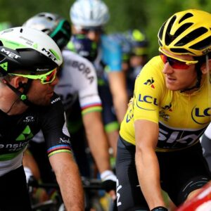 Mark Cavendish (left) and Geraint Thomas shown in a flashback to a stage on the 2017 Tour de France