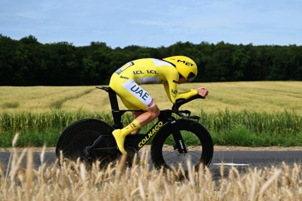 GEVREYCHAMBERTIN FRANCE JULY 05 Tadej Pogacar of Slovenia and UAE Team Emirates Yellow Leader Jersey sprints during the 111th Tour de France 2024 Stage 7 a 253km individual time trial stage from NuitsSaintGeorges to GevreyChambertin UCIWT on July 05 2024 in GevreyChambertin France Photo by Tim de WaeleGetty Images