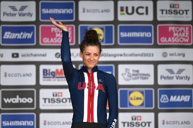 Chloe Dygert (United States) at the UCI Cycling World Championships in 2023, where she won the elite women