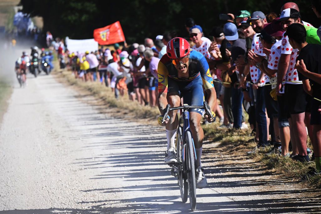 TROYES FRANCE JULY 07 Jasper Stuyven of Belgium and Team Lidl Trek competes in the breakaway passing through a gravel strokes sector during the 111th Tour de France 2024 Stage 9 a 199km stage from Troyes to Troyes UCIWT on July 07 2024 in Troyes France Photo by Bernard Papon PoolGetty Images