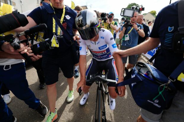 GEVREYCHAMBERTIN FRANCE JULY 05 Stage winner Remco Evenepoel of Belgium and Team Soudal QuickStep White Best Young Rider Jersey reacts after the 111th Tour de France 2024 Stage 7 a 253km individual time trial stage from NuitsSaintGeorges to GevreyChambertin UCIWT on July 05 2024 in GevreyChambertin France Photo by Guillaume Horcajuelo PoolGetty Images