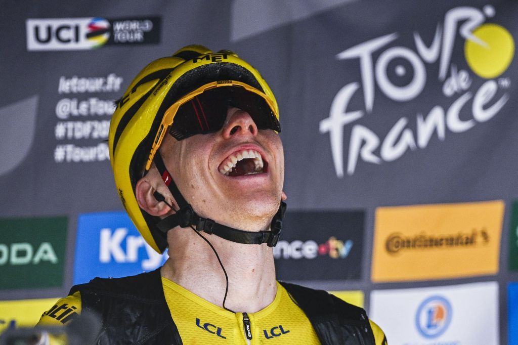 Slovenian Tadej Pogacar of UAE Team Emirates celebrates after winning stage 15 of the 2024 Tour de France cycling race, from Loudenvielle to Plateau de Beille, France (107,7 km), on Sunday 14 July 2024. The 111th edition of the Tour de France starts on Saturday 29 June and will finish in Nice, France on 21 July. BELGA PHOTO JASPER JACOBS (Photo by JASPER JACOBS / BELGA MAG / Belga via AFP)