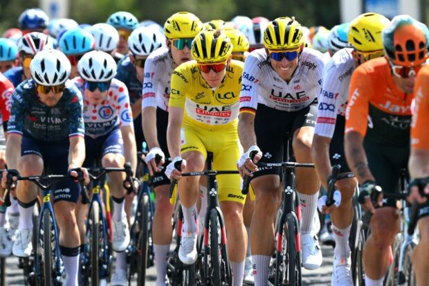 Tadej Pogacar and UAE Team Emirates compete on stage 16 at the Tour de France 2024