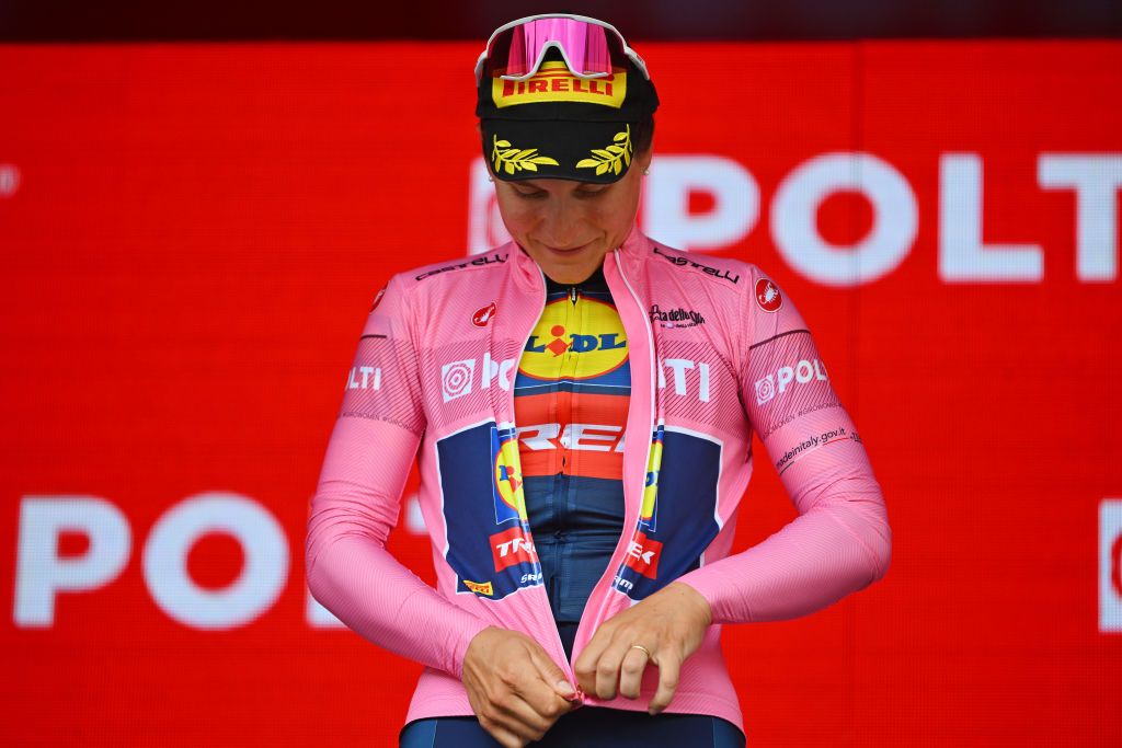 BRESCIA ITALY JULY 07 Elisa Longo Borghini of Italy and Team Lidl Trek celebrates at podium as Pink Leader Jersey winner during the 35th Giro dItalia Women 2024 Stage 1 a 157km individual time trial stage from Brescia to Brescia UCIWWT on July 07 2024 in Brescia Italy Photo by Luc ClaessenGetty Images