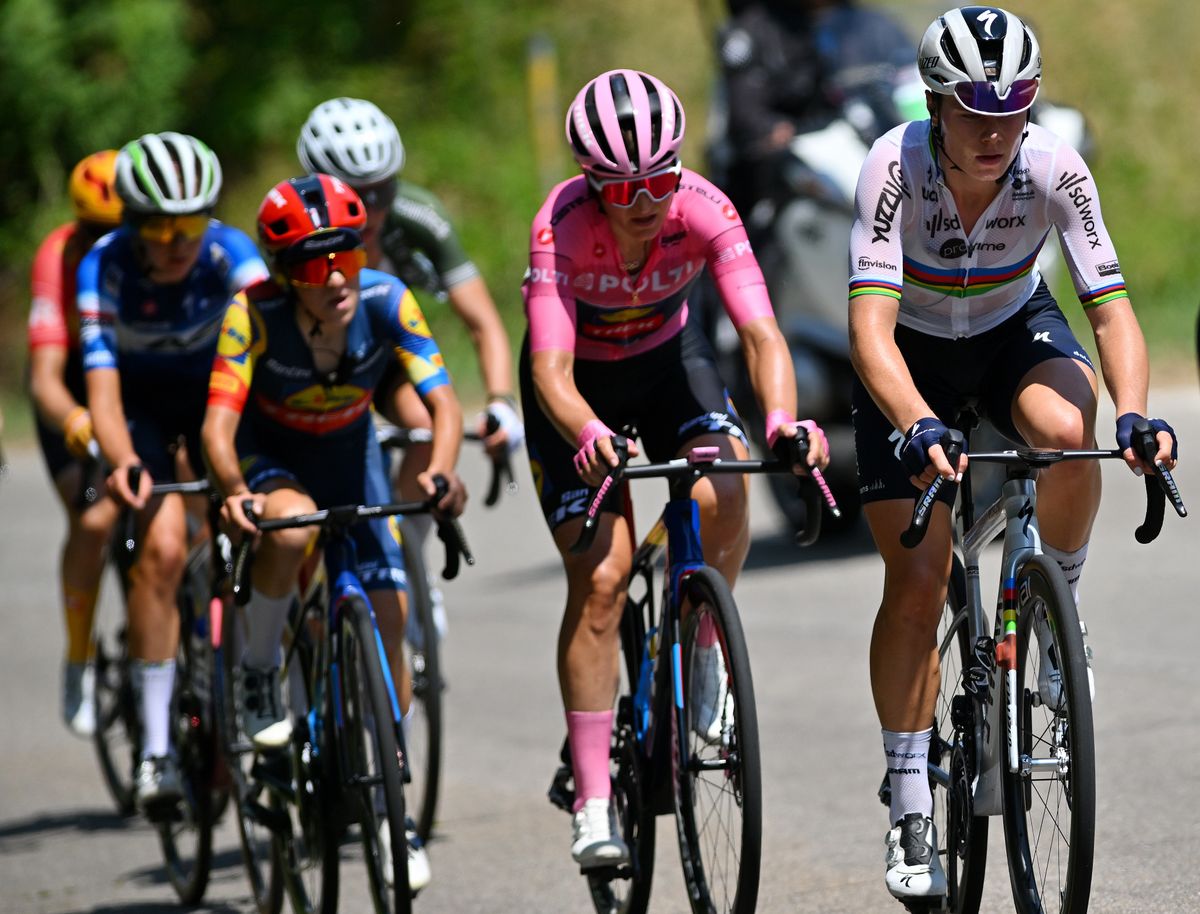 TOANO, ITALY - JULY 09: (L-R) Elisa Longo Borghini of Italy and Team Lidl - Trek - Pink Leader Jersey and Lotte Kopecky of Belgium and Team SD Worx - Protime compete during the 35th Giro d